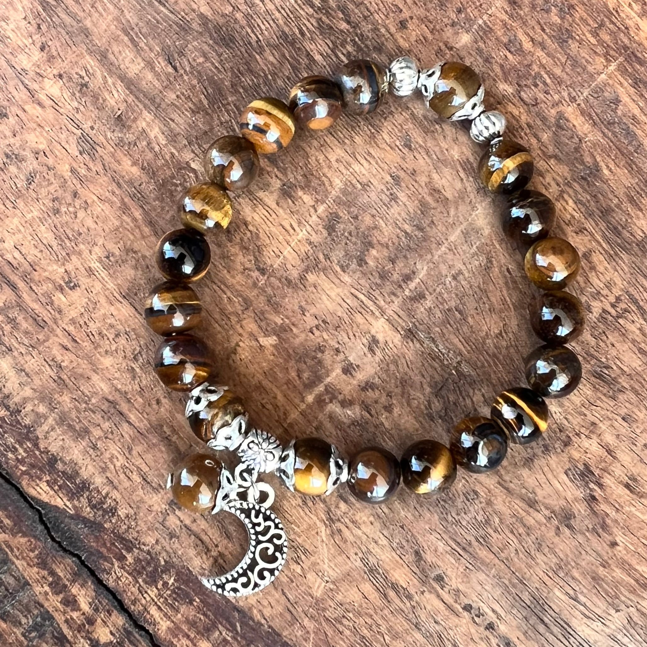 Tiger Eye Courage & Strength Bracelet with Celestial Crescent Moon Charm