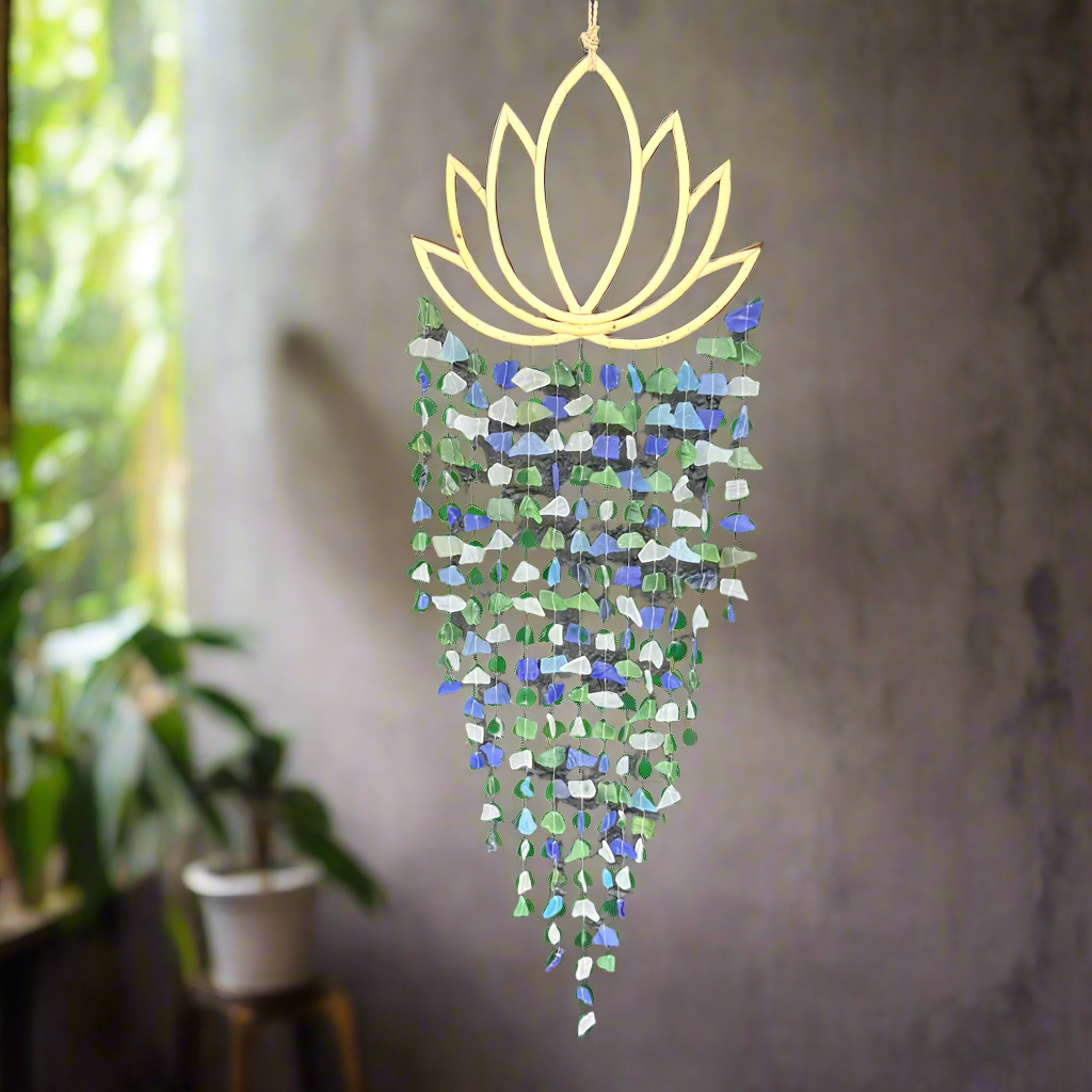 Sea Glass Lotus Wind Chime ~ Blue/Green Gaia ~ Large