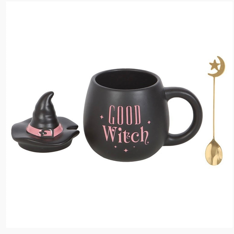 Pink Good Witch ~ Ceramic Mug with Metal Moon Spoon