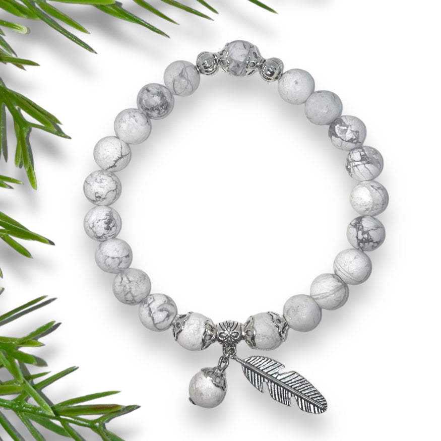 White Howlite Calming Bracelet with Feather Charm