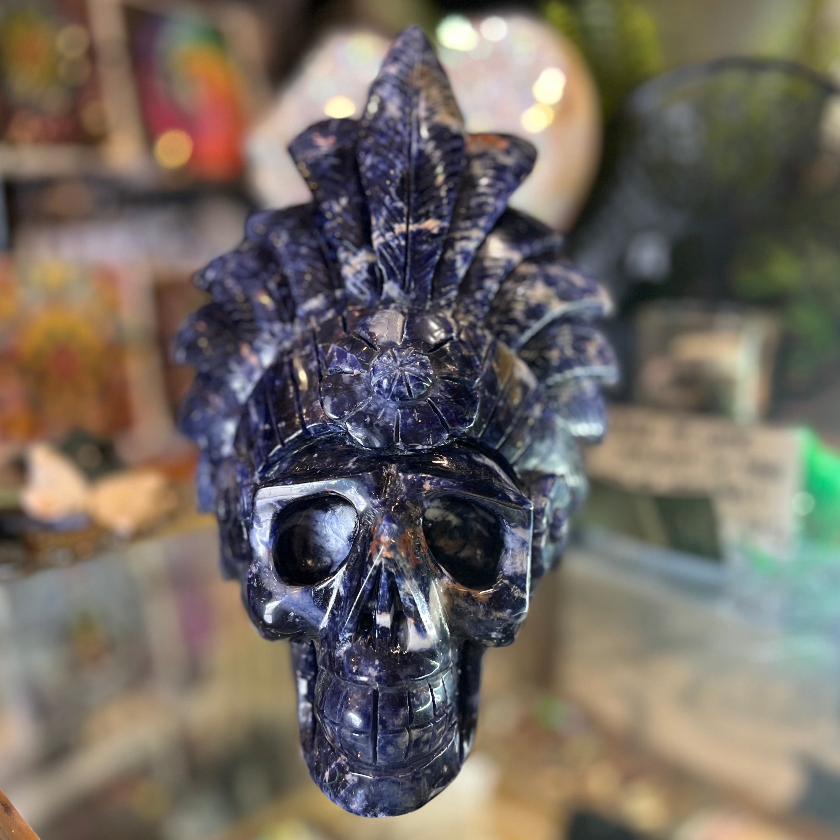 Sodalite Warrior Skull with Headdress Carving