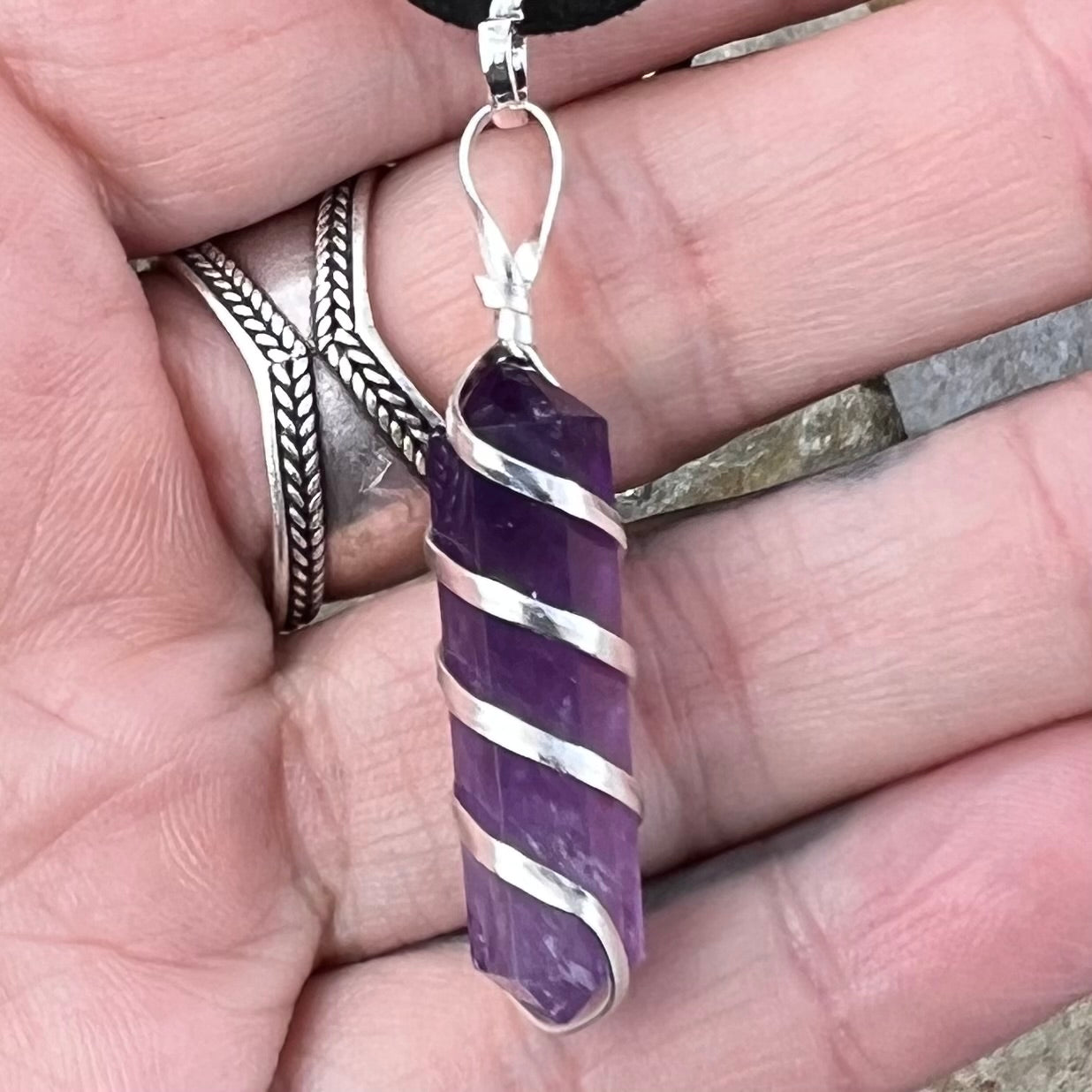 Amethyst Pencil Point Spiral Wrap Pendant