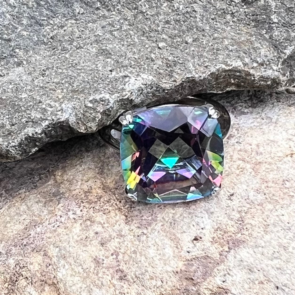 Mystic Topaz ~ Cushion Cut Sterling Silver Ring ~ size 5