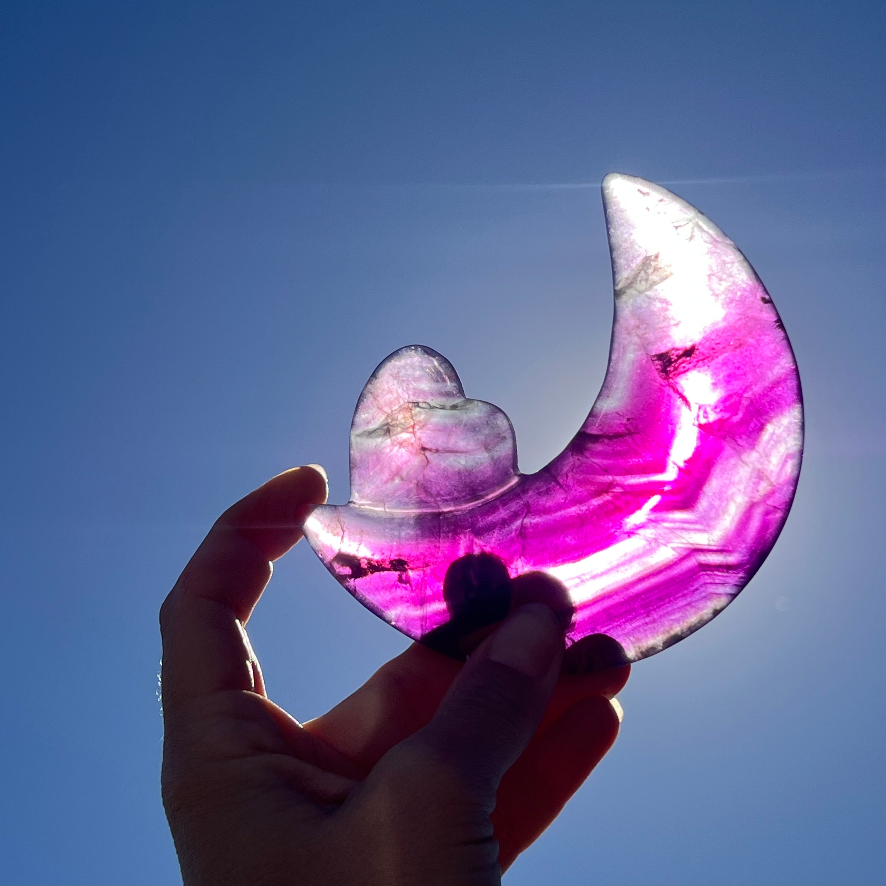 Rainbow Fluorite Crescent Moon and Heart on Stand