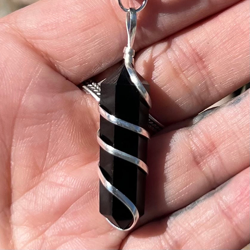 Black Obsidian Pencil Point Spiral Wrap Pendant