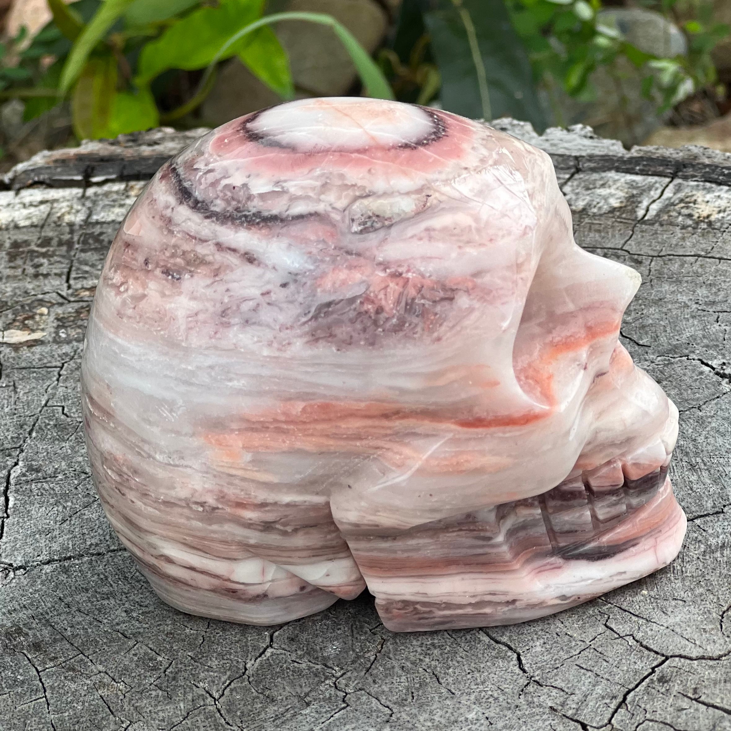 Pink Agate Smiling Skull