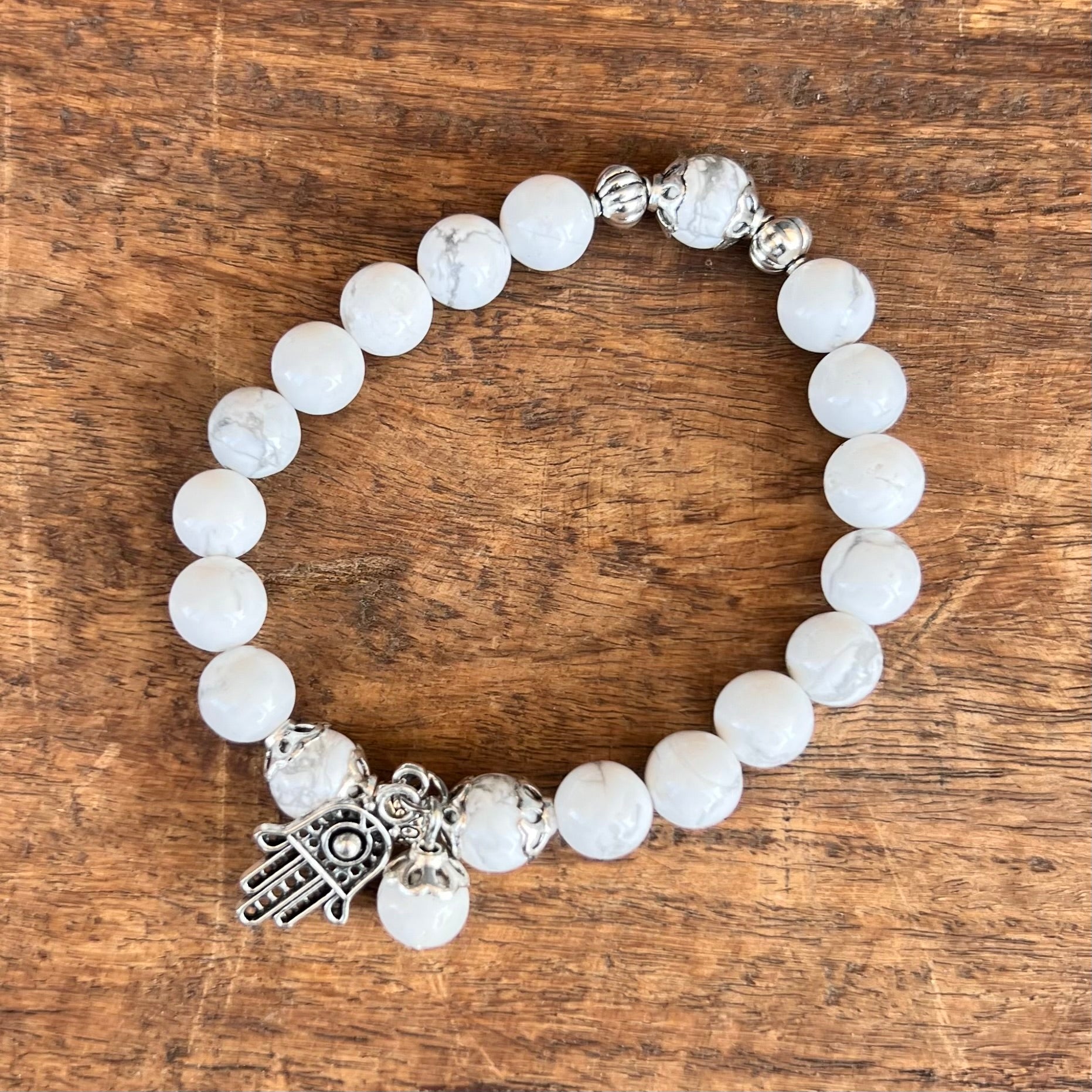 White Howlite Calming Bracelet with Hamsa Hand