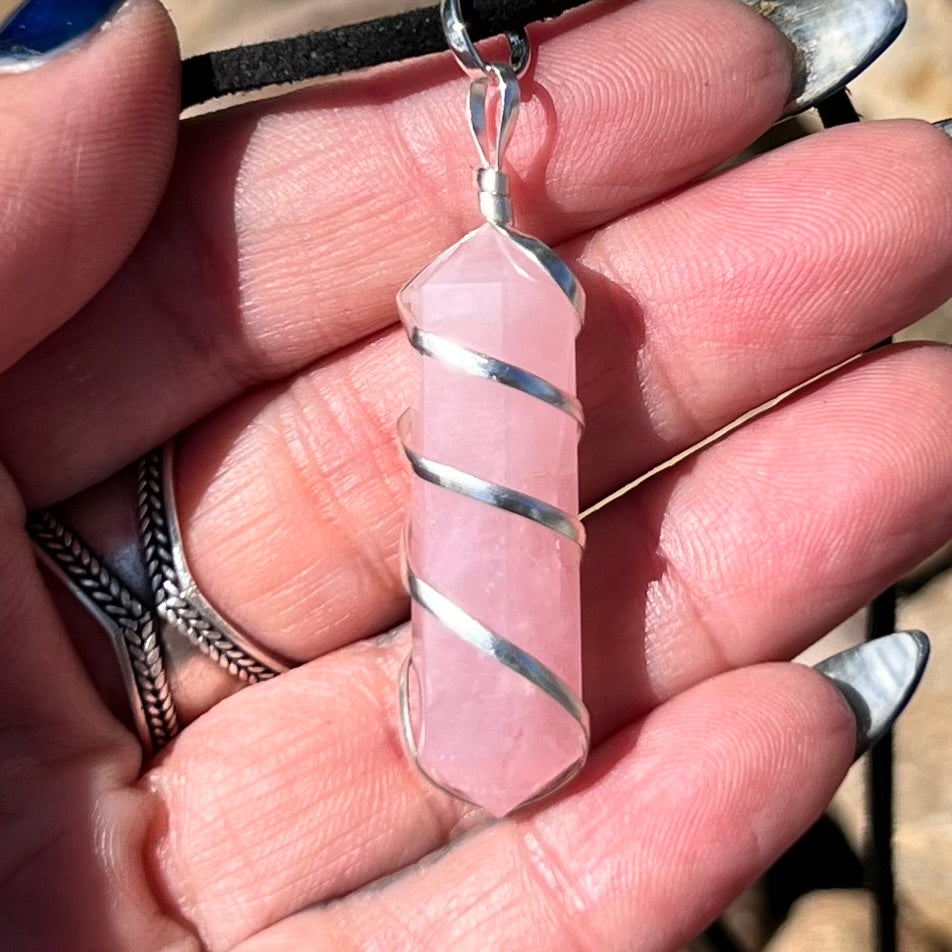 Rose Quartz Pencil Point Spiral Wrap Pendant