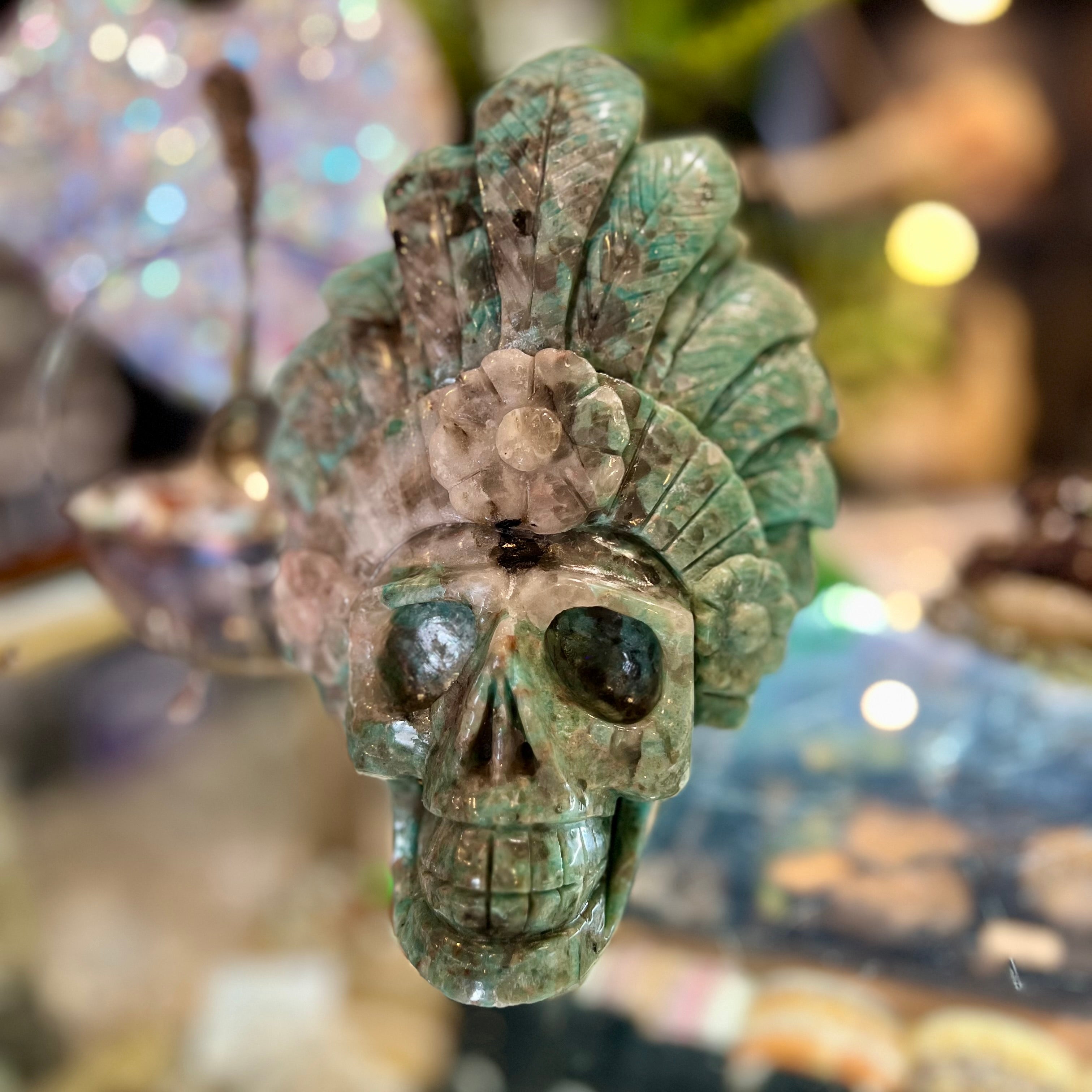 Amazonite Warrior Skull with Headdress Carving