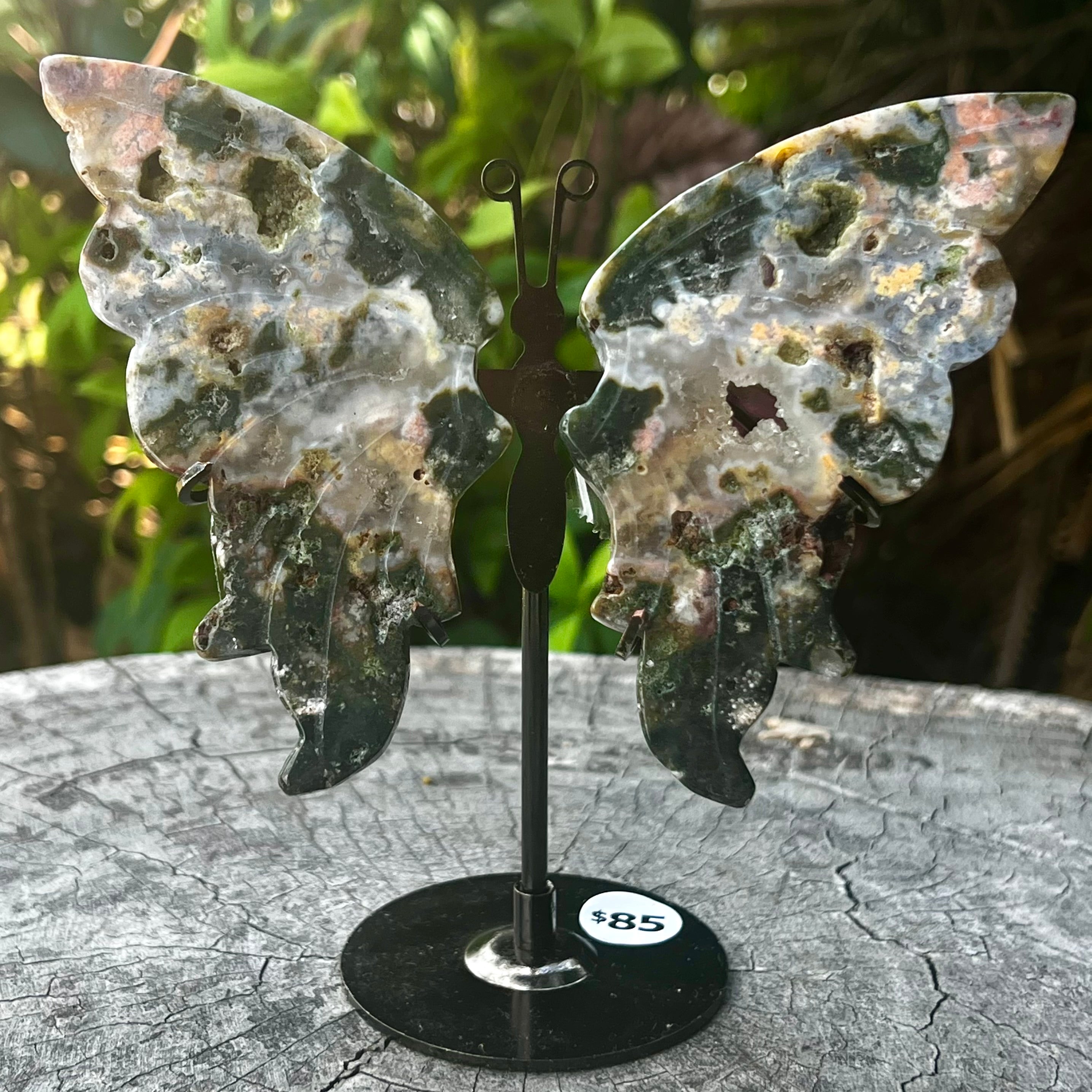 Moss Agate Butterfly on Stand