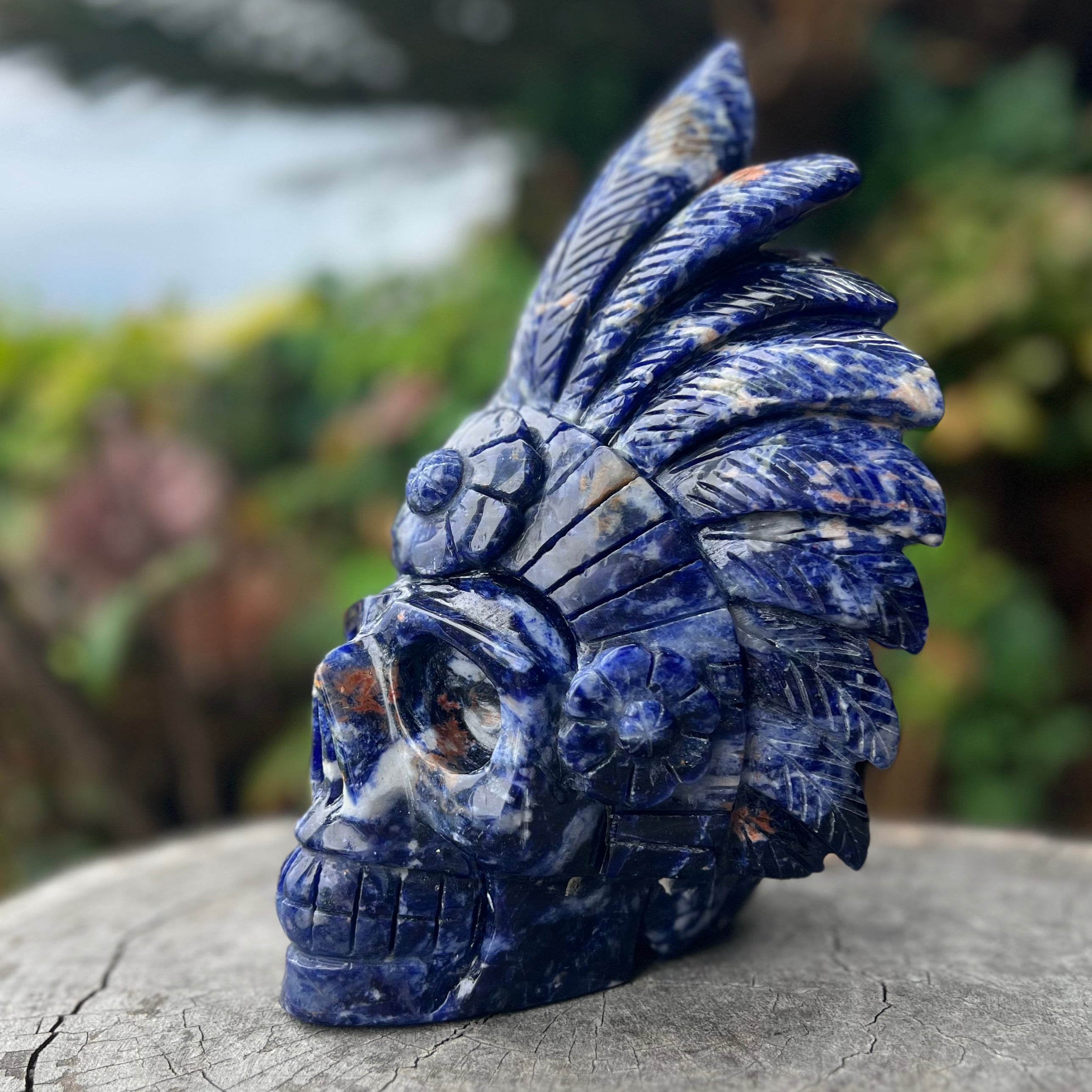 Sodalite Warrior Skull with Headdress Carving