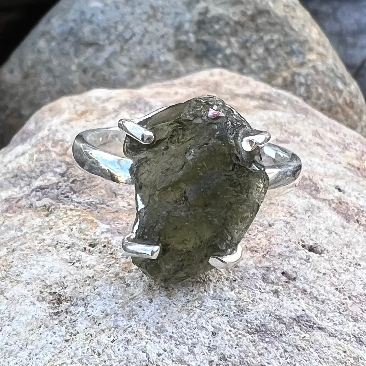 Raw Moldavite Ring set in Sterling Silver ~ size 7