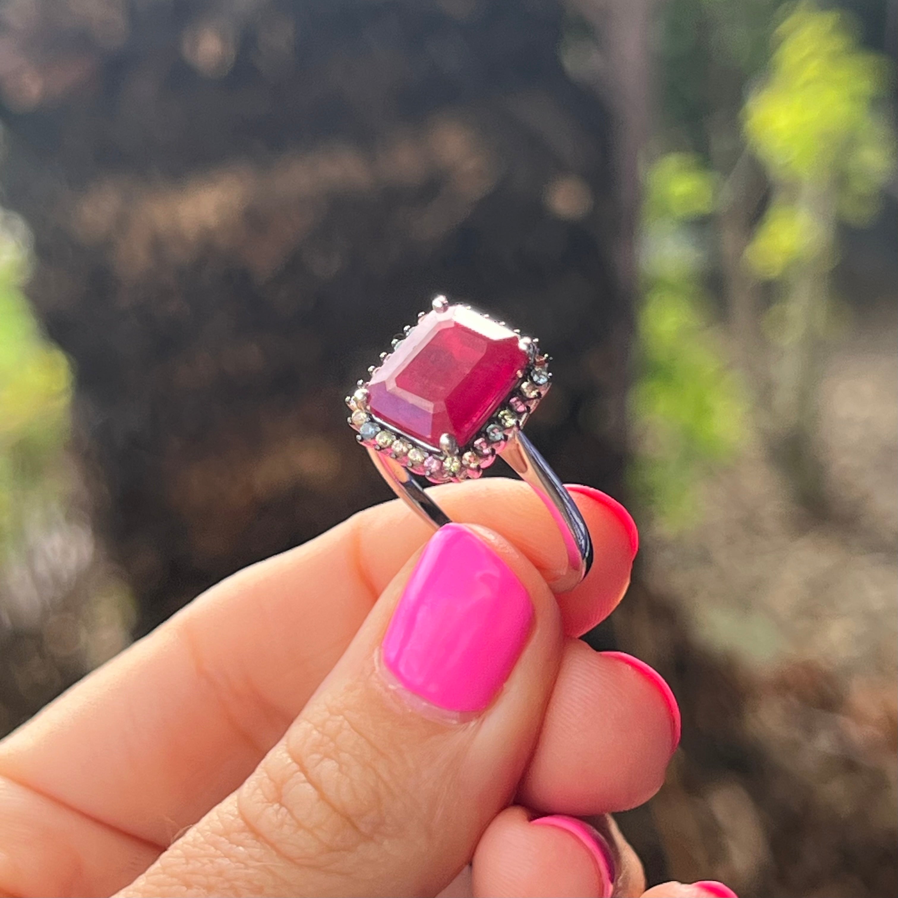Ruby with Sapphire  ~ Sterling Silver Ring ~ 9