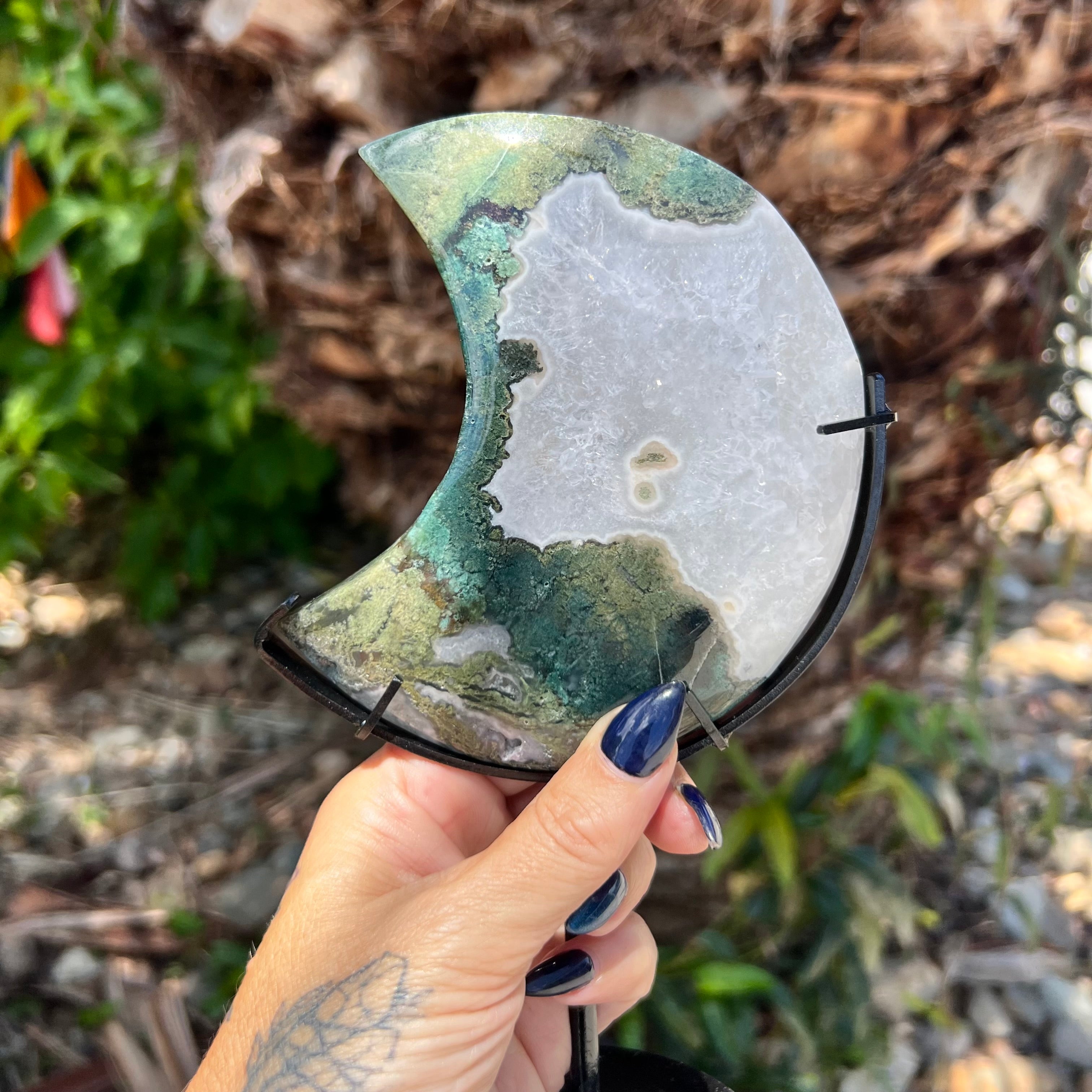 Moss Agate Crescent Moon on Stand