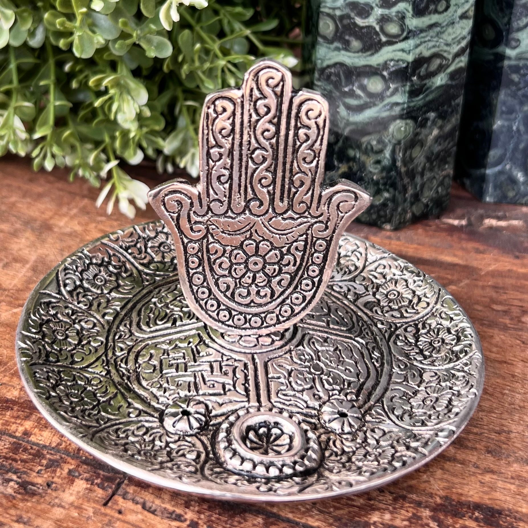 Hamsa Protection Silver Metal Incense Burner