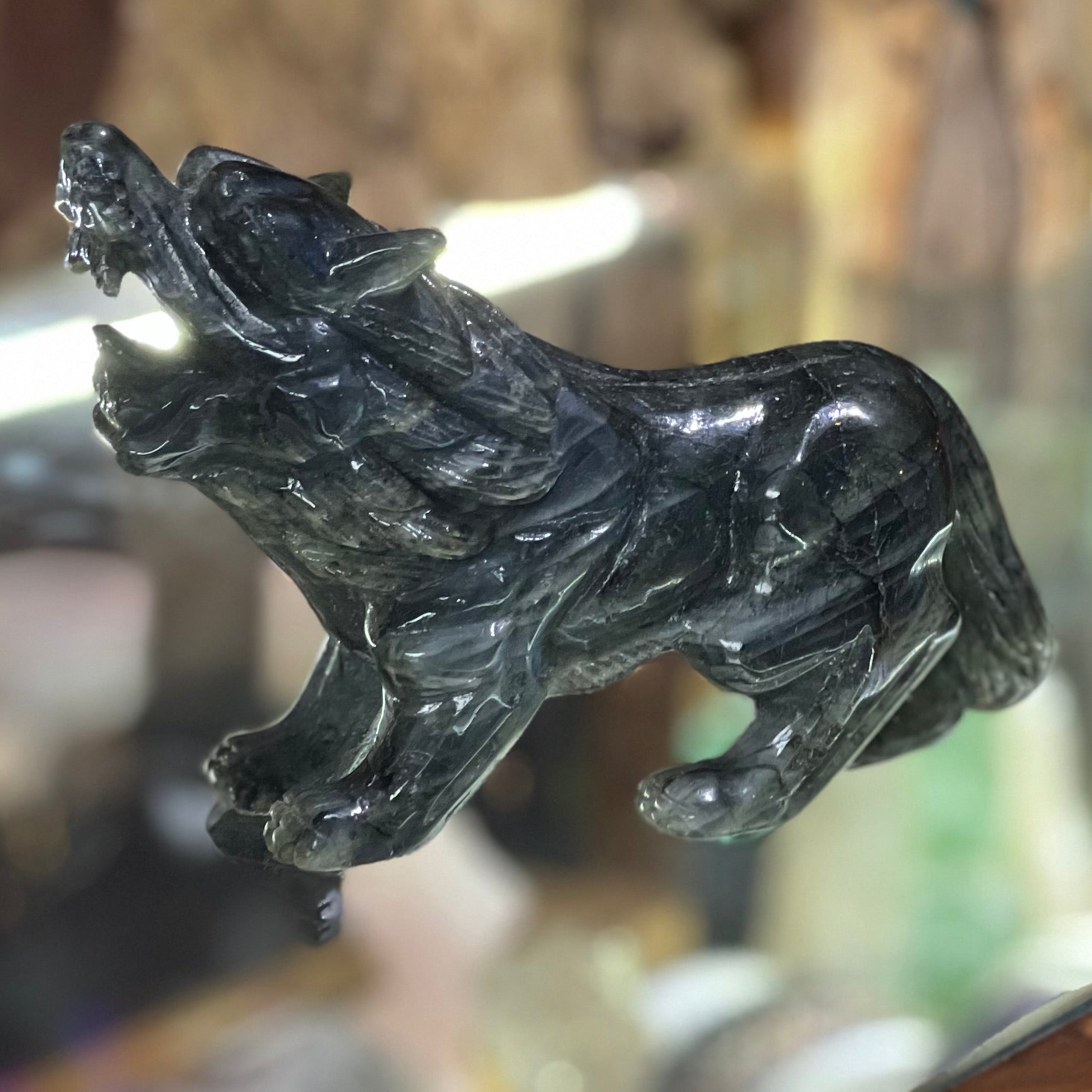 Labradorite Growling Wolf Carving