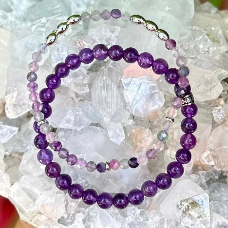 Amethyst and Rainbow Fluorite Duo Bracelet Set