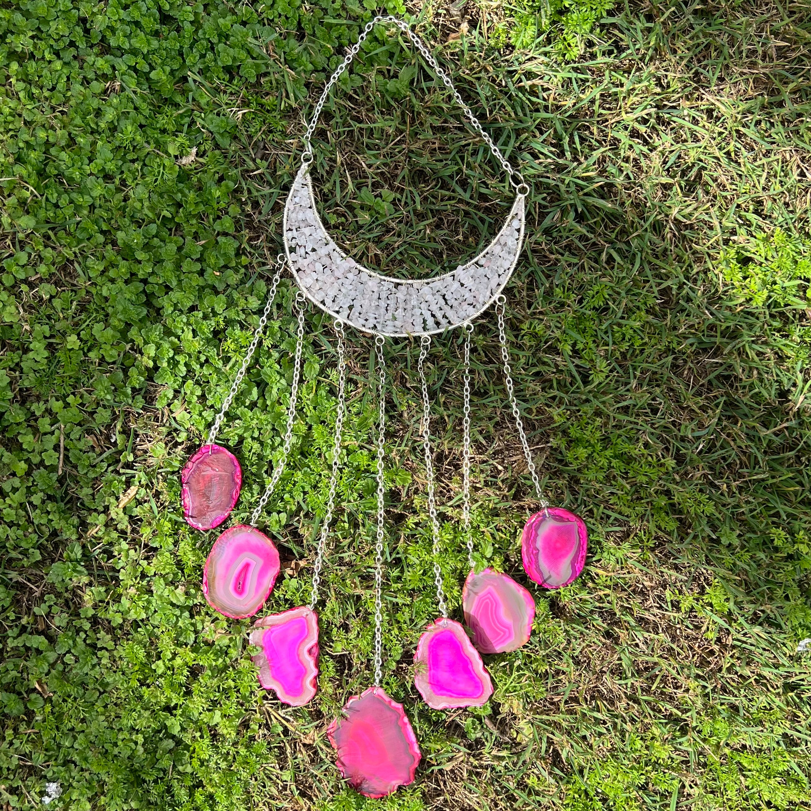 Rose Quartz~ Dyed Agate ~ Crescent Moon ~ Silver
