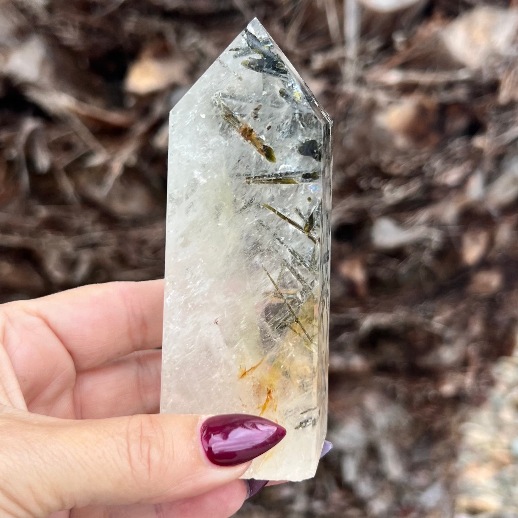 Green Tourmaline in Clear Protective Generator Quartz Tower