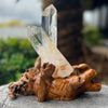 Clear Quartz Double Generator Point on wooden stand
