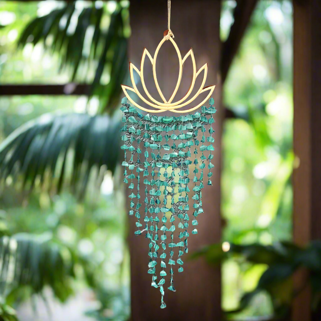 Sea Glass Lotus Wind Chime ~ Tranquility Teal ~ Large