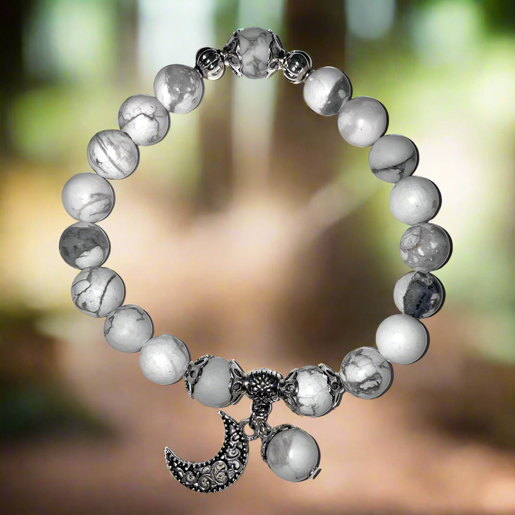 White Howlite Calming Bracelet with Celestial Crescent Moon Charm