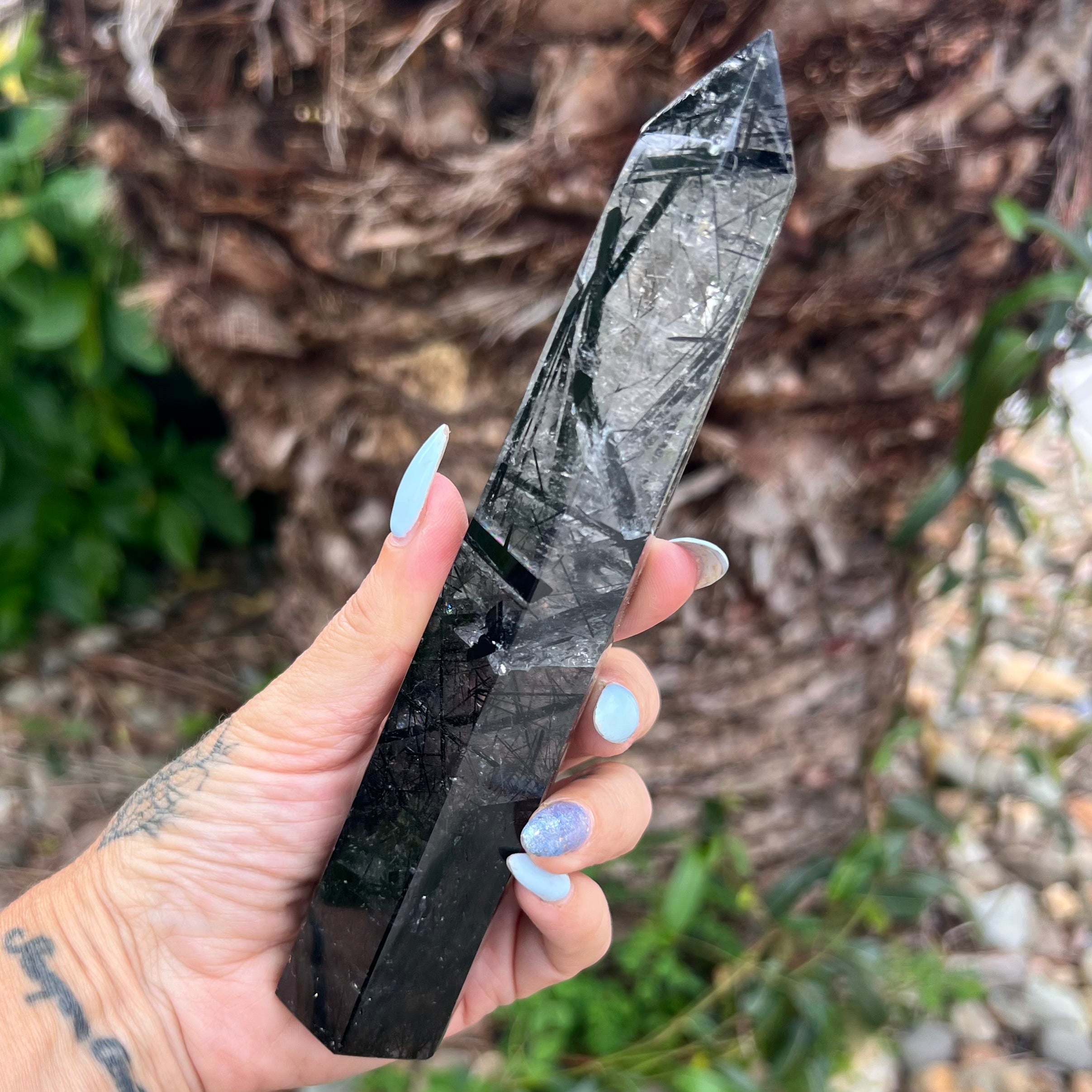 Black Tourmaline in Clear Protective Generator Quartz Tower