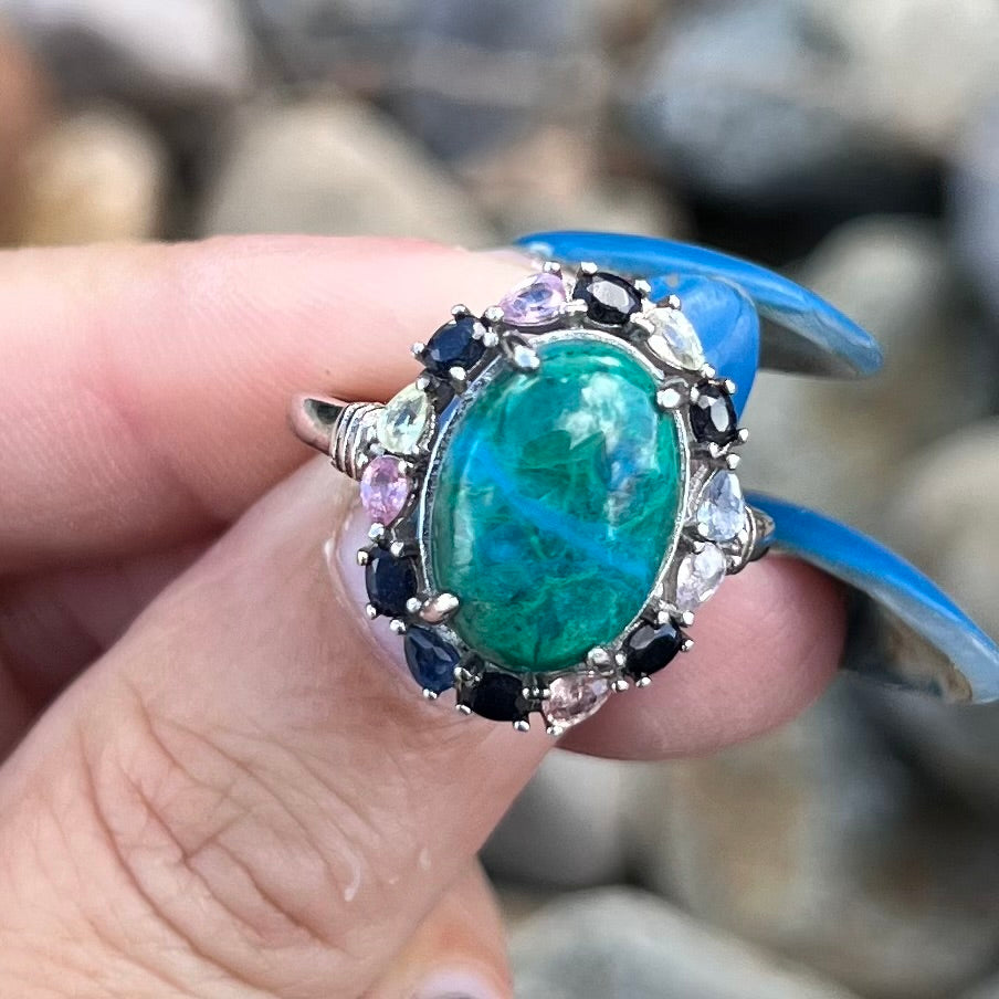 Chrysocolla & Sapphires~ Sterling Silver Ring ~ size 9