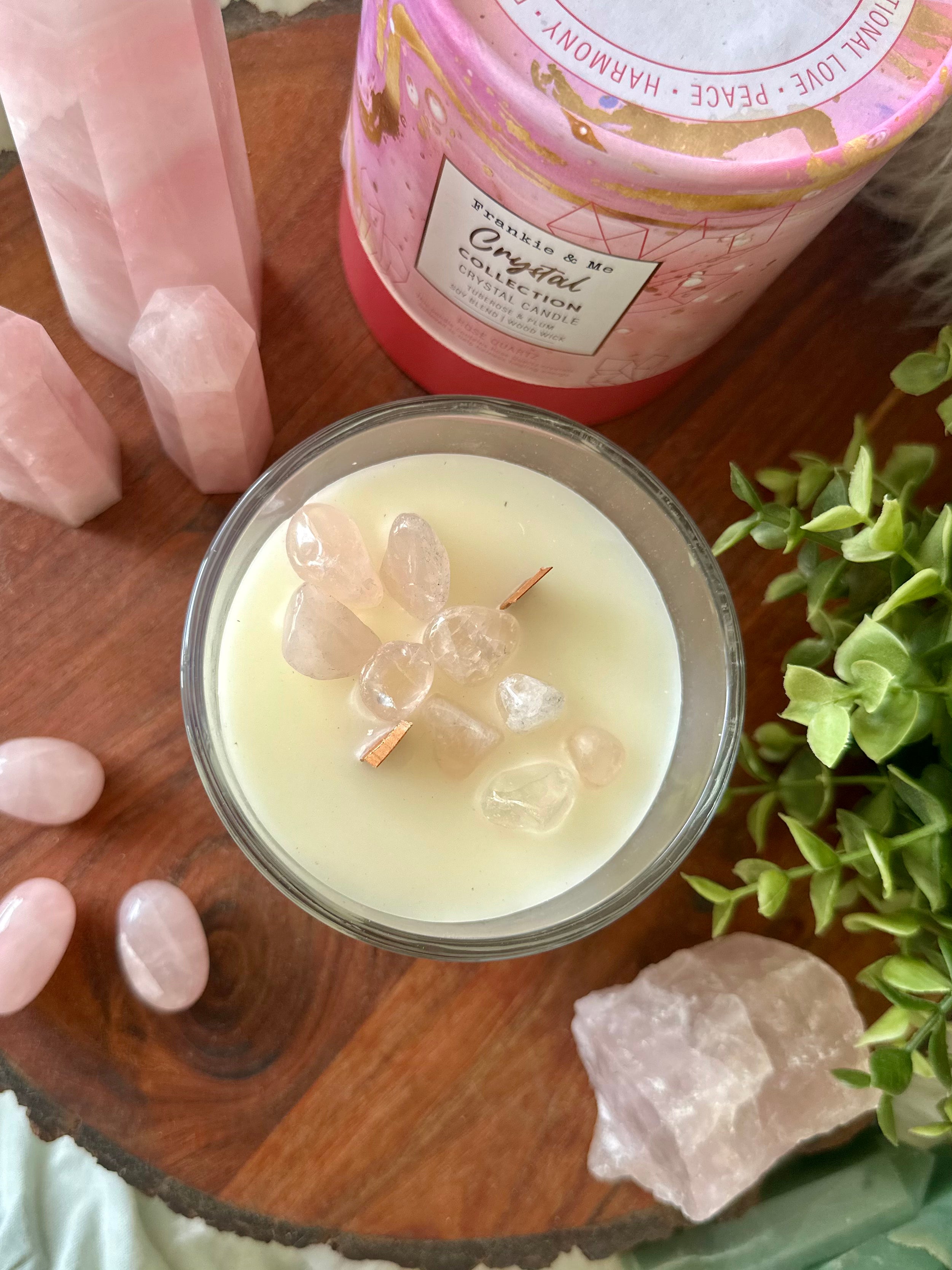 Rose Quartz Crystal Candle - Tumberose and Plum Large - Muse Crystals & Mystical Gifts