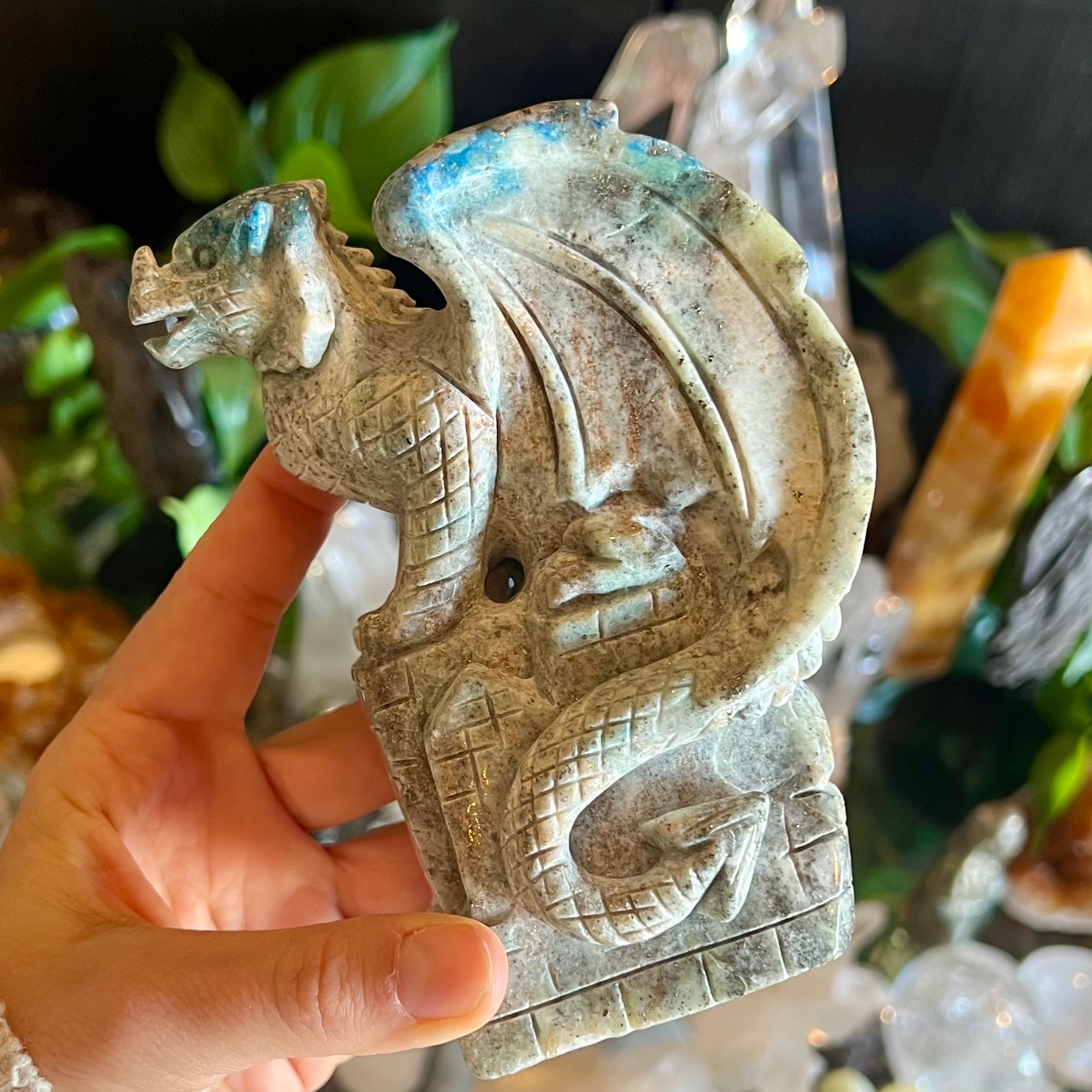 Blue Apatite with Pyrite  Dragon Carving
