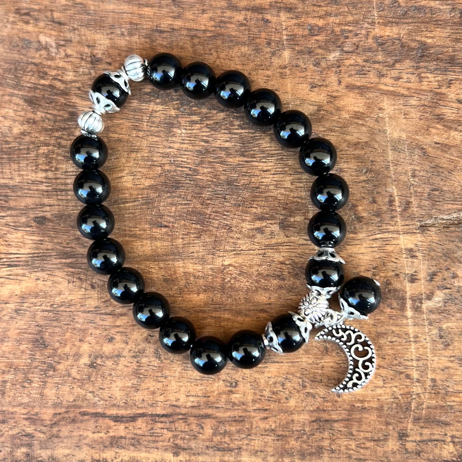 Black Obsidian Bracelet with Celestial Crescent Moon Charm