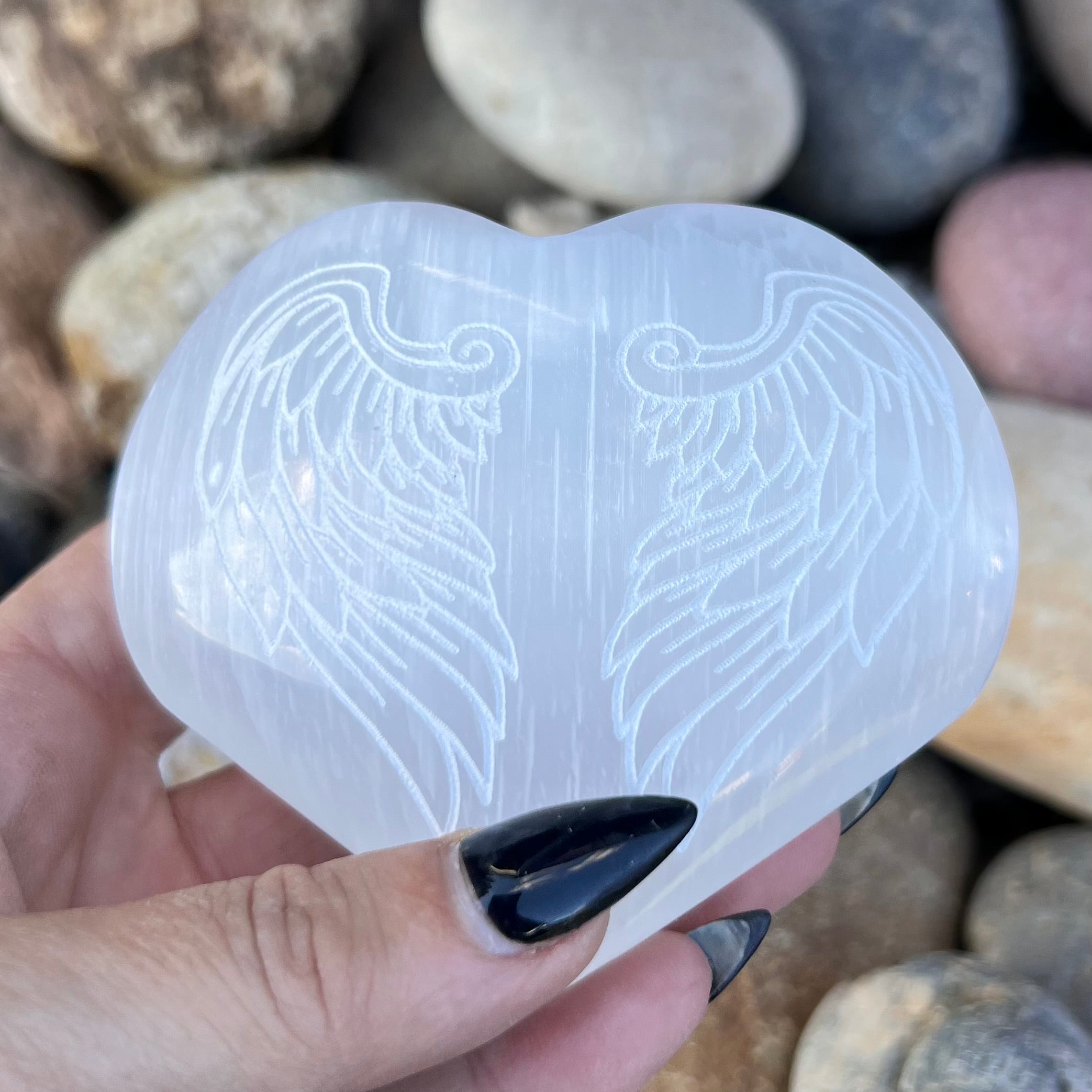 Selenite Angel Wings Heart Carving