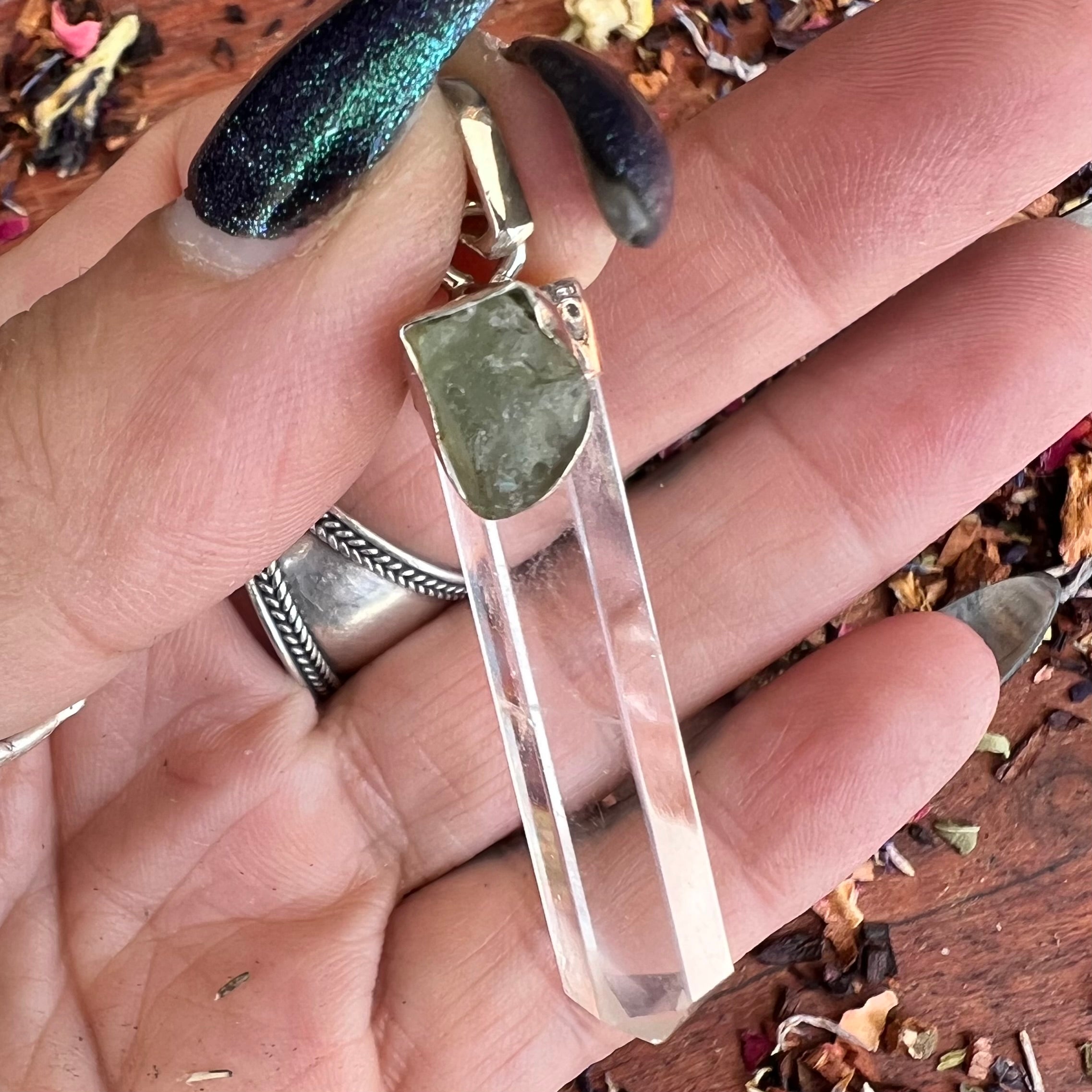 Clear Quartz with Moldavite Sterling Silver Pendant