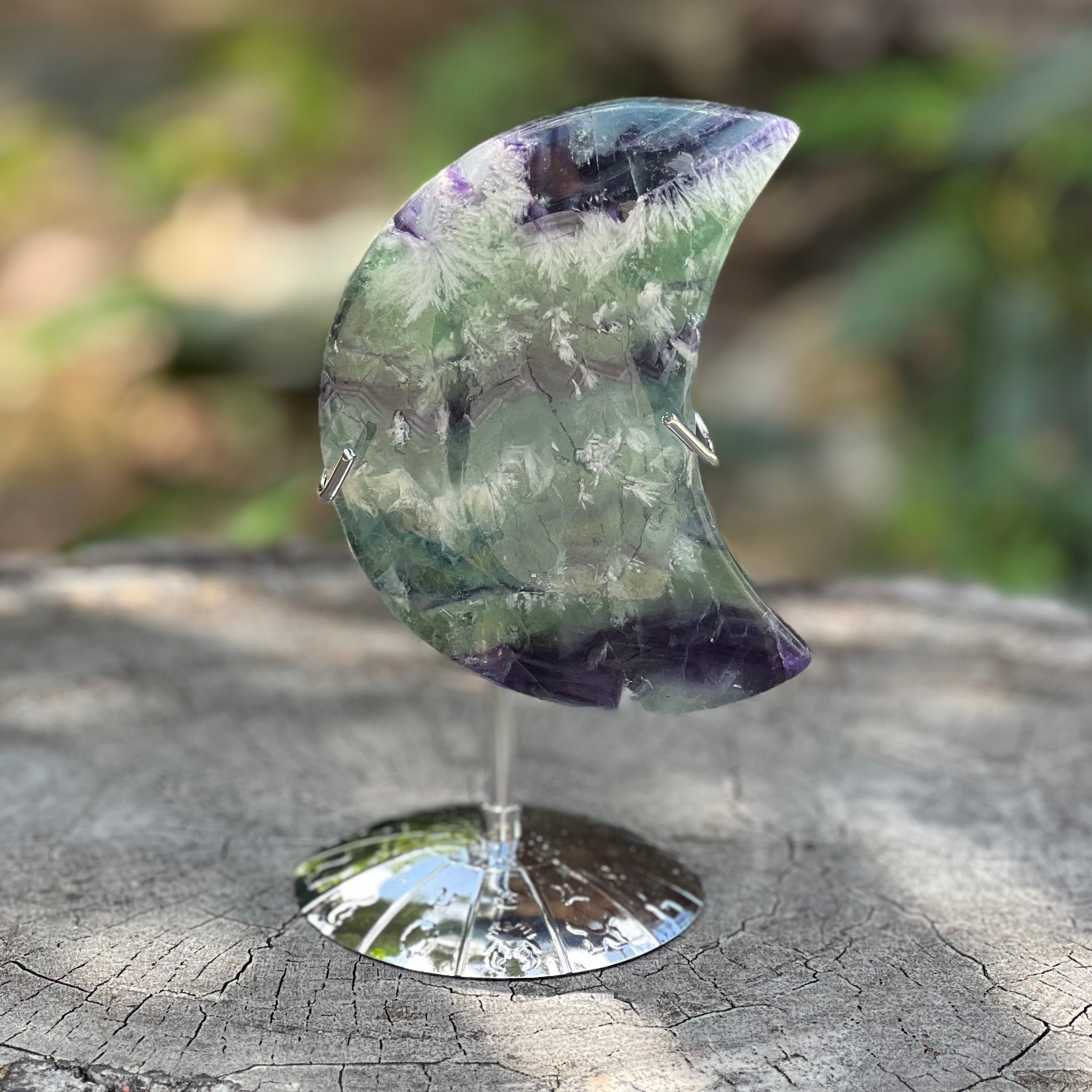 Rainbow Fluorite Crescent Moon on Stand