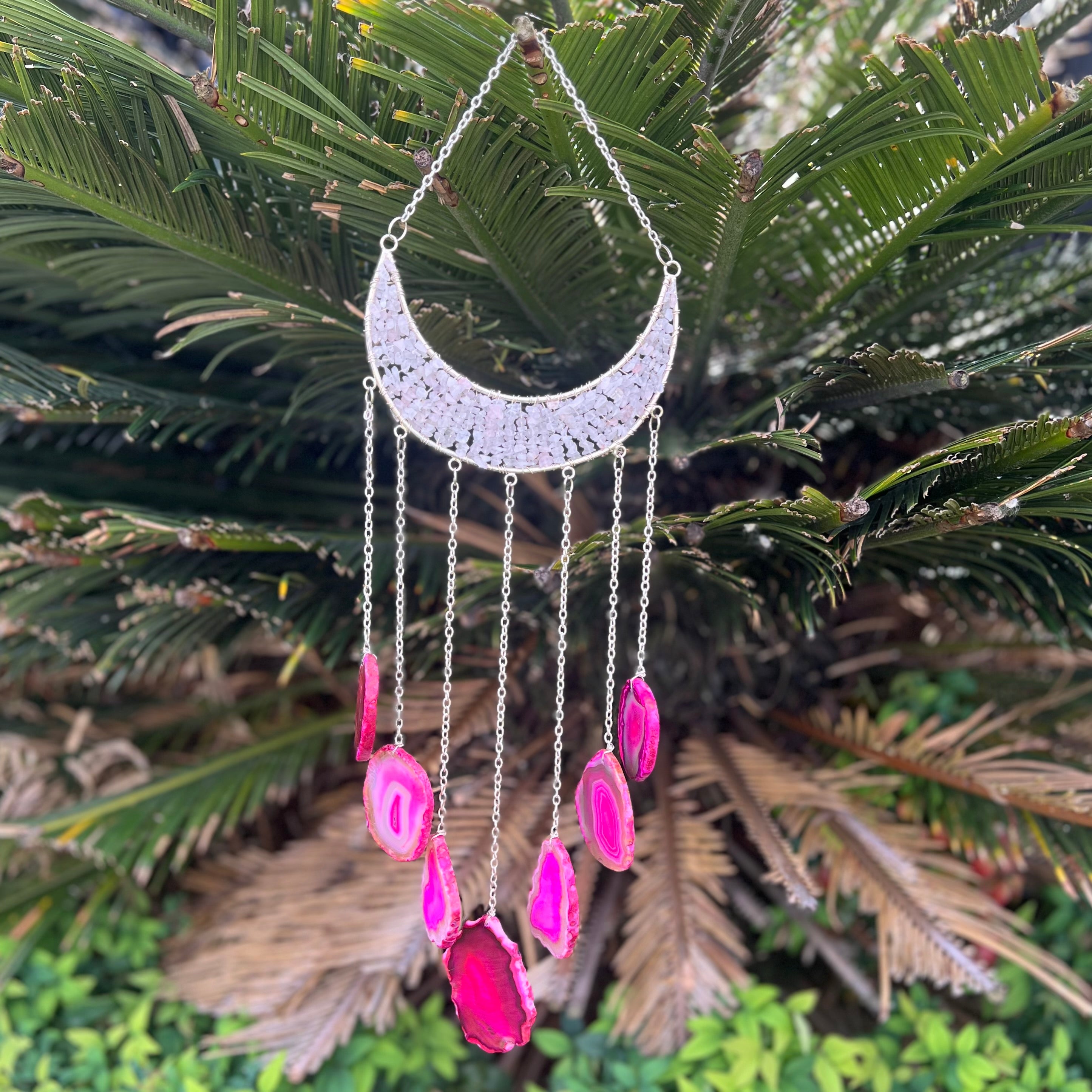 Rose Quartz~ Dyed Agate ~ Crescent Moon ~ Silver