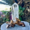 Clear Quartz Semi Raw Generator Point on wooden stand