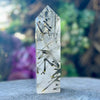 Green Tourmaline in Clear Protective Generator Quartz Tower