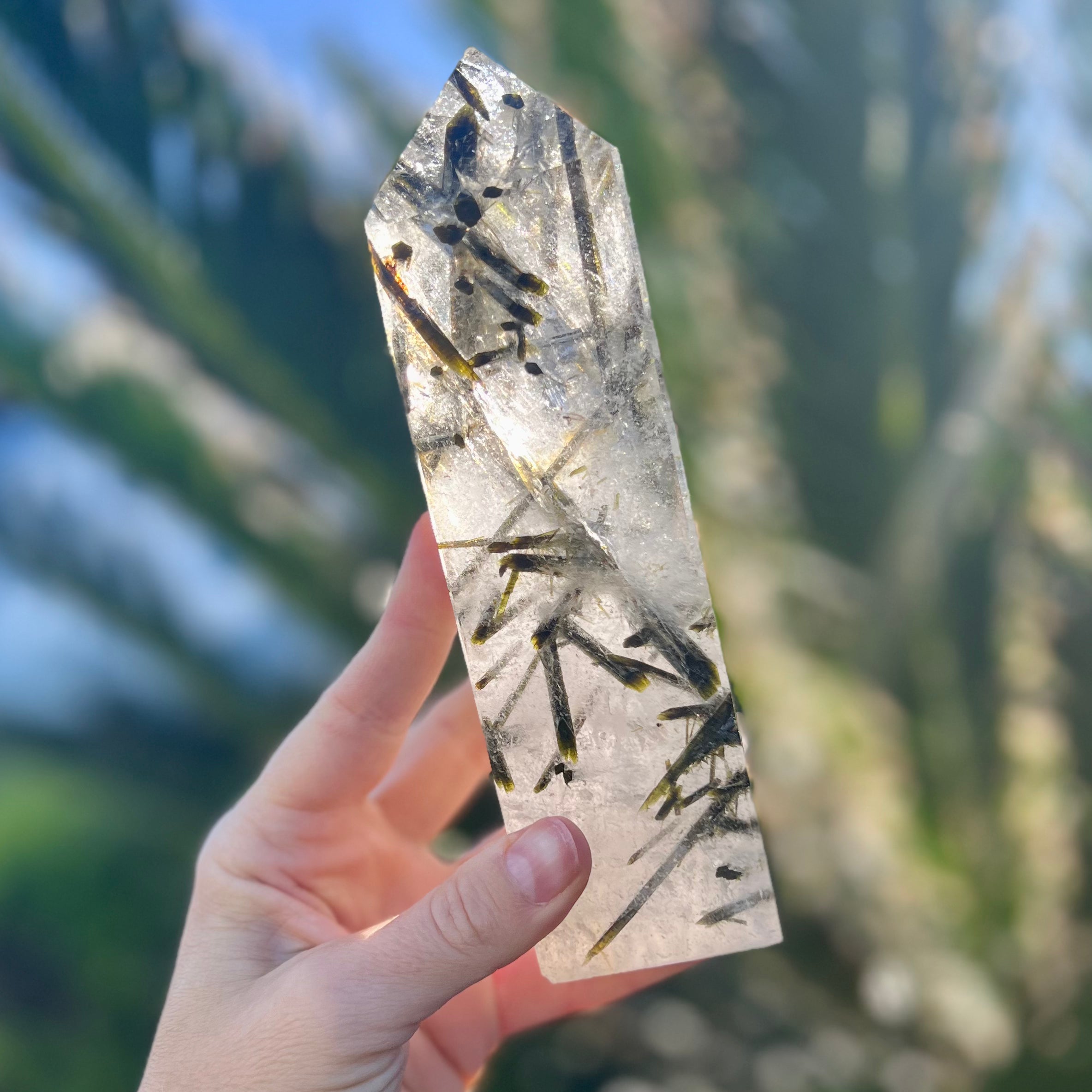 Green Tourmaline in Clear Protective Generator Quartz Tower