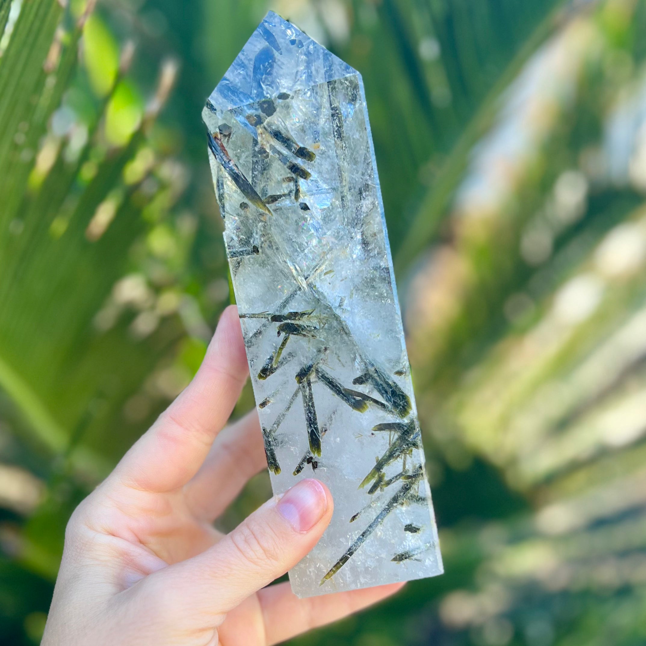 Green Tourmaline in Clear Protective Generator Quartz Tower