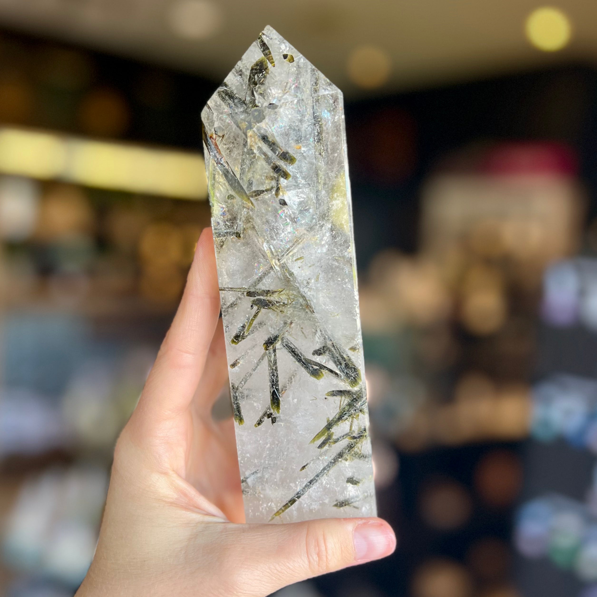Green Tourmaline in Clear Protective Generator Quartz Tower