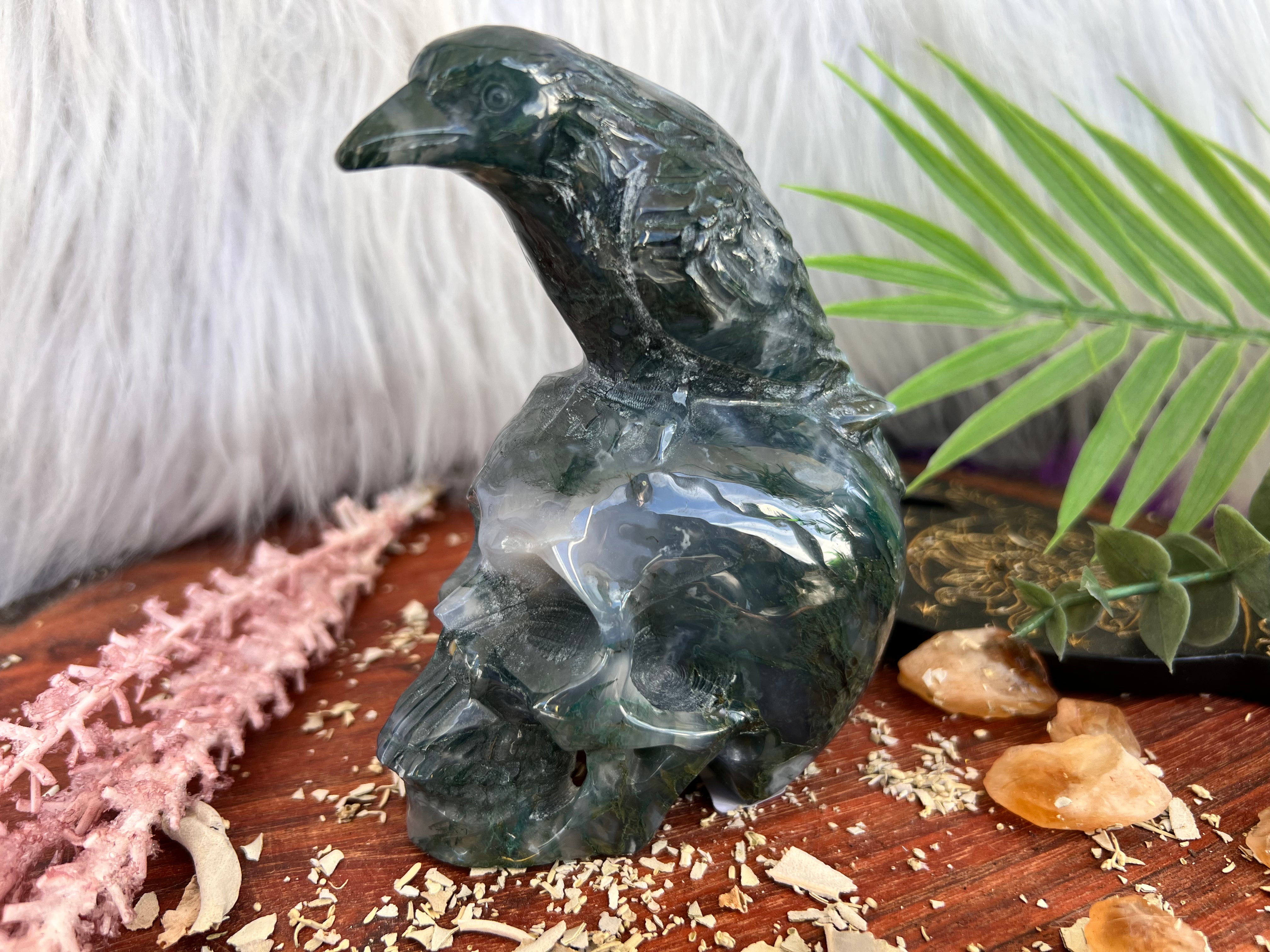 Moss Agate Raven on Skull Carving - Muse Crystals & Mystical Gifts