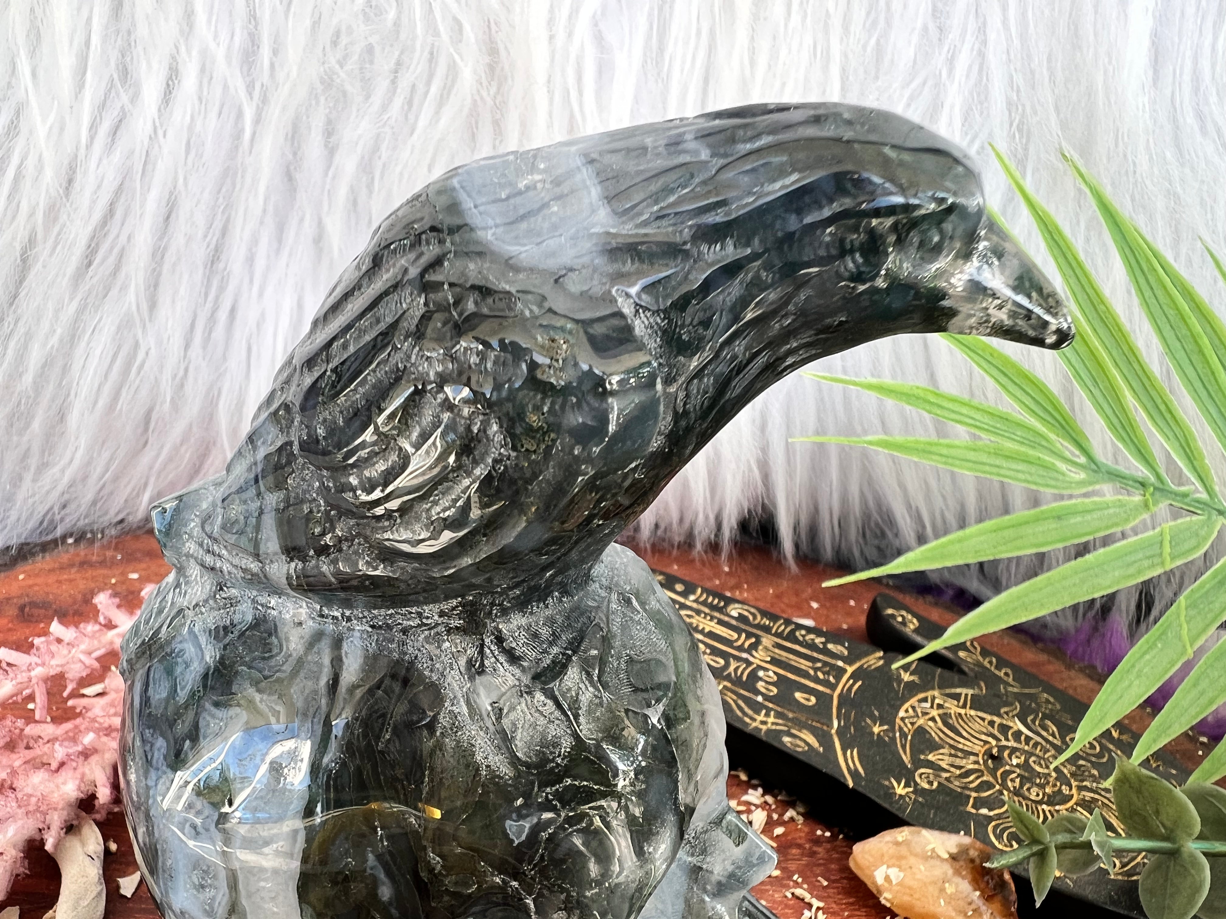 Moss Agate Raven on Skull Carving - Muse Crystals & Mystical Gifts