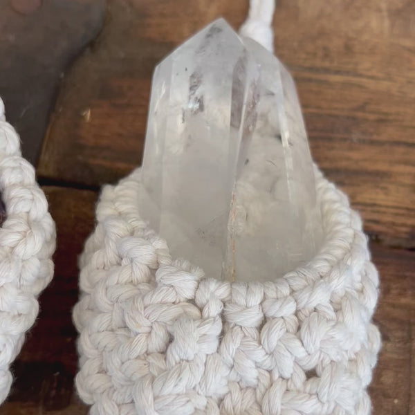 Tantric Twin Clear Quartz Macrame Crystal Huggy Hanger