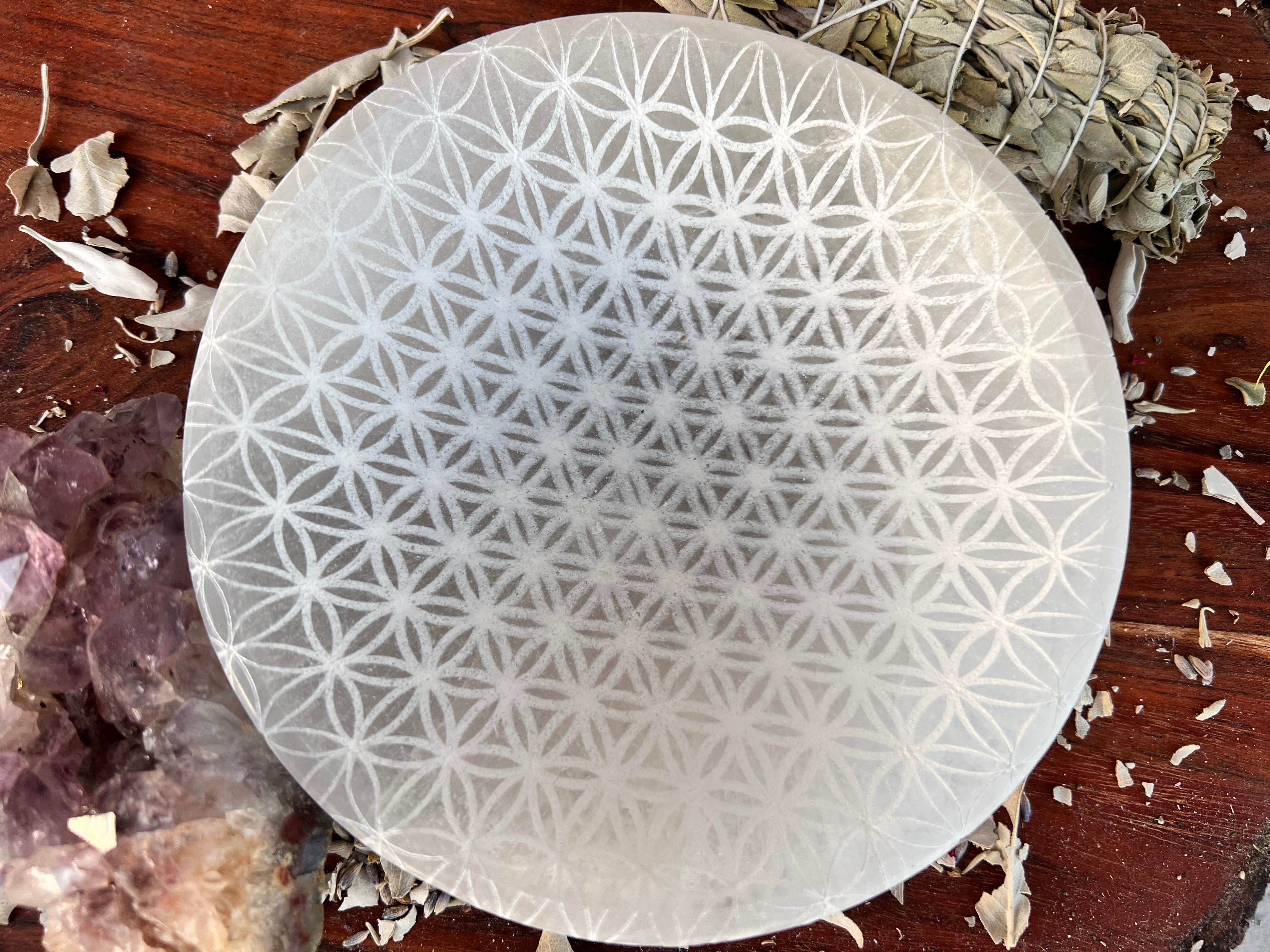 Selenite Cleansing & Charging Bowl Large - Flower of Life - Muse Crystals & Mystical Gifts