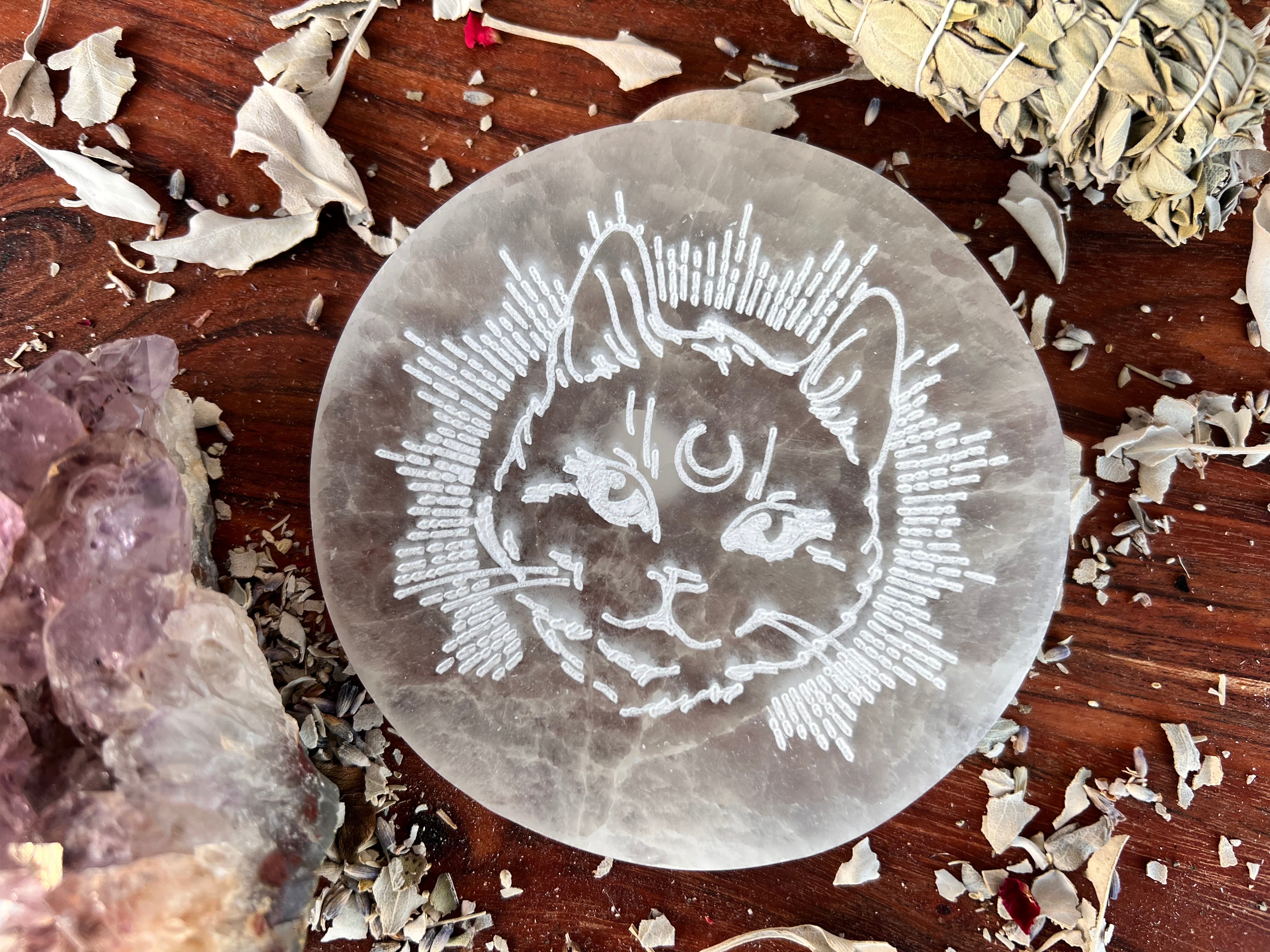 Selenite Cleansing & Charging Plate - Mystical Cat - Muse Crystals & Mystical Gifts