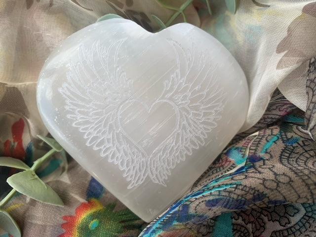 Selenite Heart ~ Heart with Angel Wings Carving - Muse Crystals & Mystical Gifts