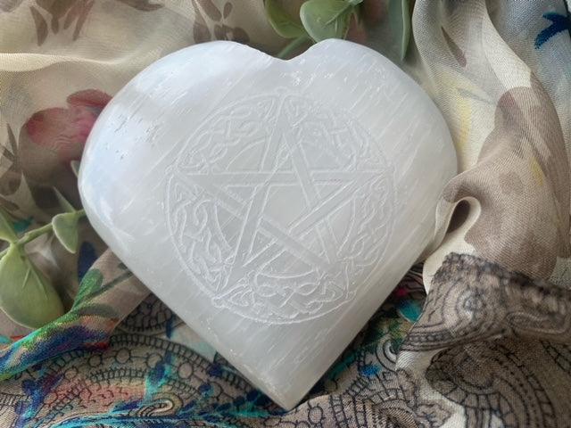 Selenite Heart ~ Pentagon Carving - Muse Crystals & Mystical Gifts